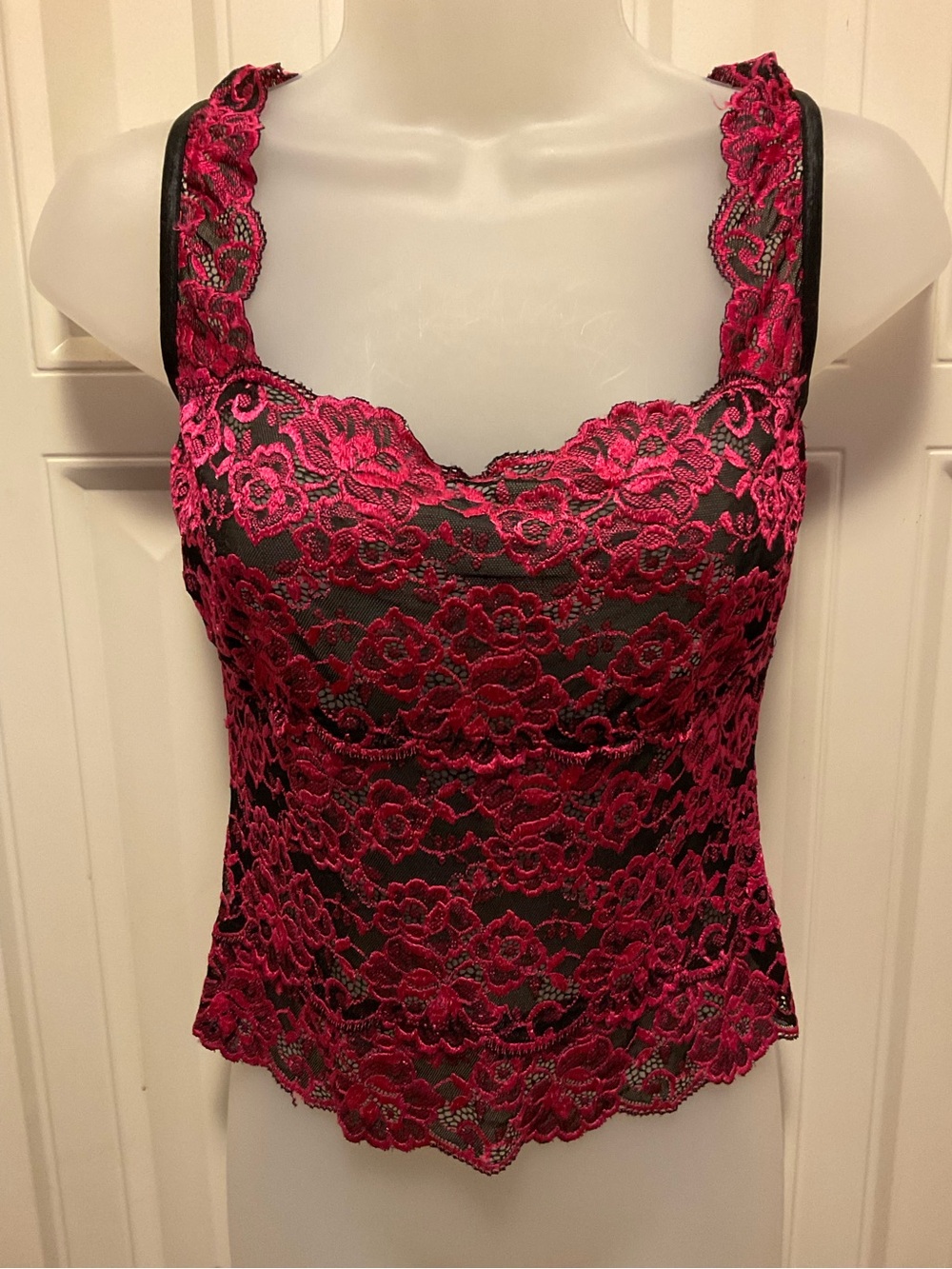 Cache top vintage black and hot pink lace tank top
